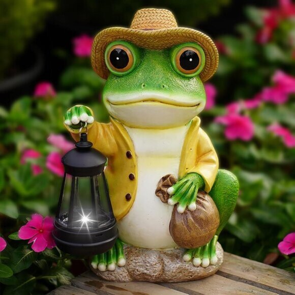 New Solar Garden Outdoor Frog Statue 10" Tall with Lanterns - Patio & Lawn Decor